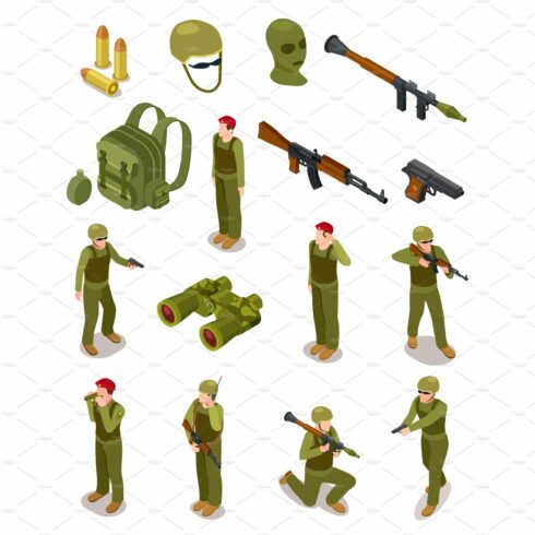 Isometric soldiers. Military special cover image.