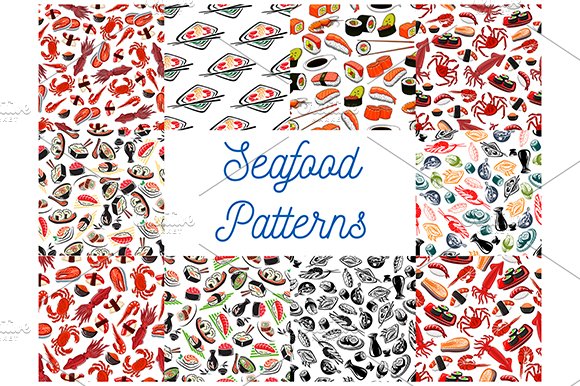 Seafood cuisine seamless patterns cover image.