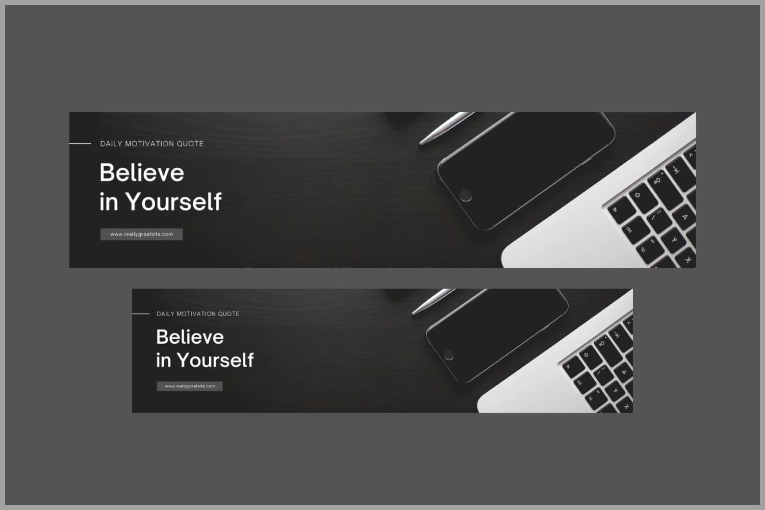 Linkedin banners with photo of laptop, phone and pen on black background.