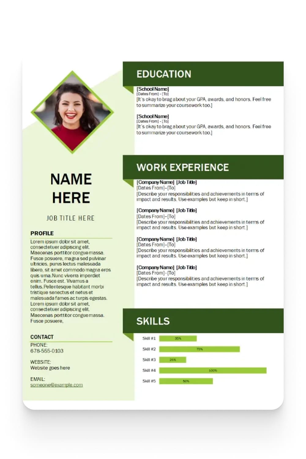 Two-column resume with green decoration.