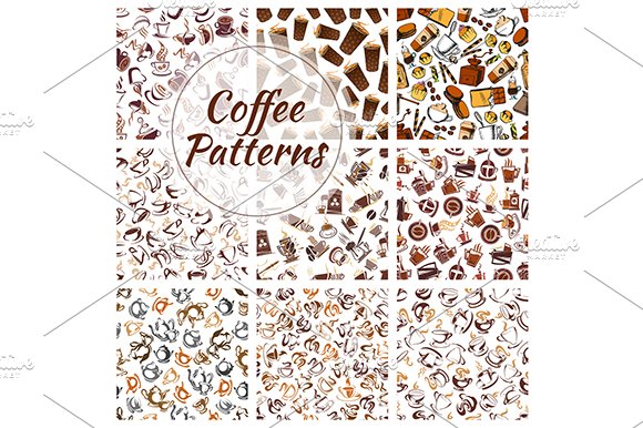 Coffee beans, cups, mills patterns cover image.