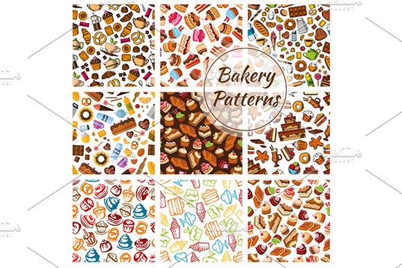 Bakery, bread, pastry patterns cover image.