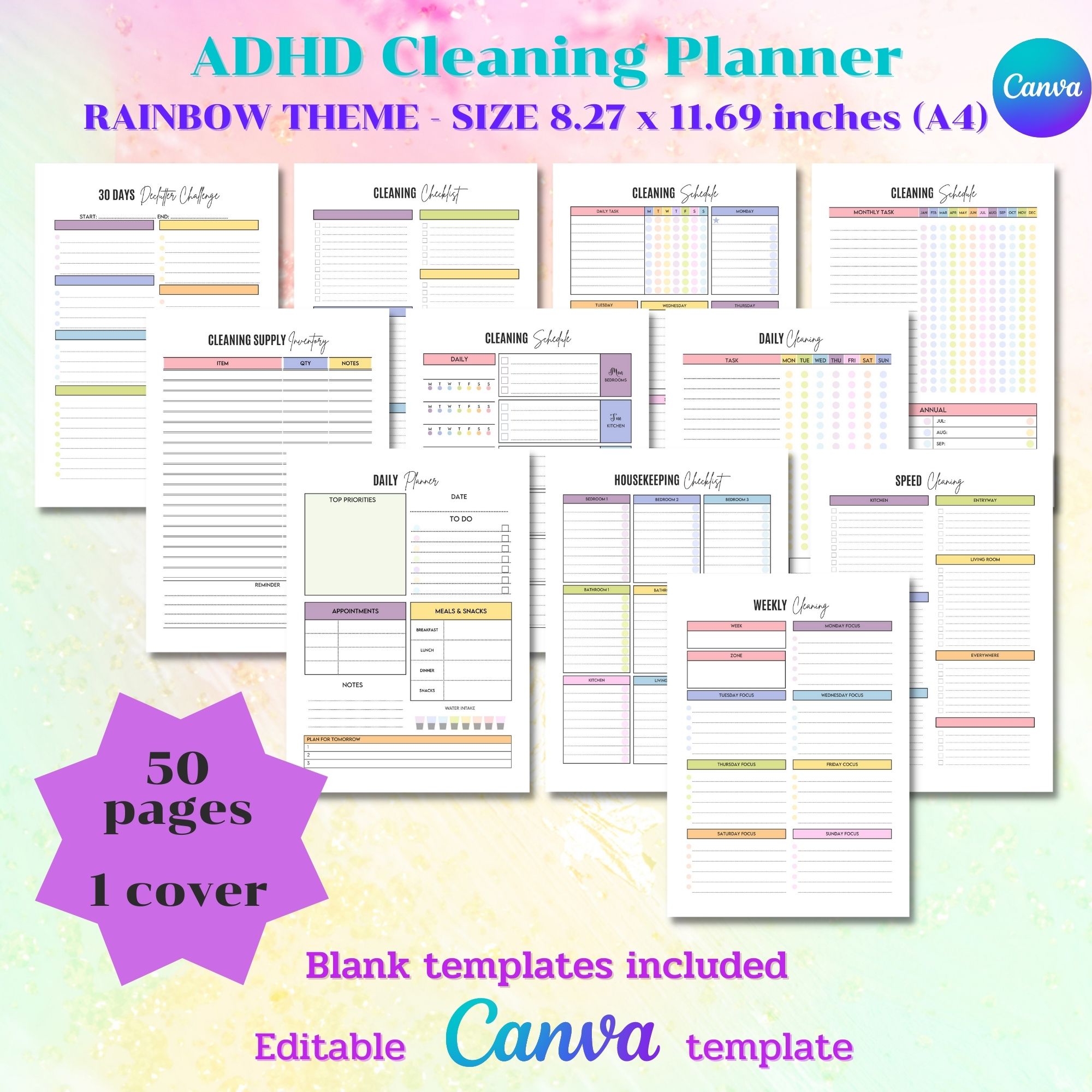 Ultimate ADHD cleaning planner bundle - editable by canva preview image.