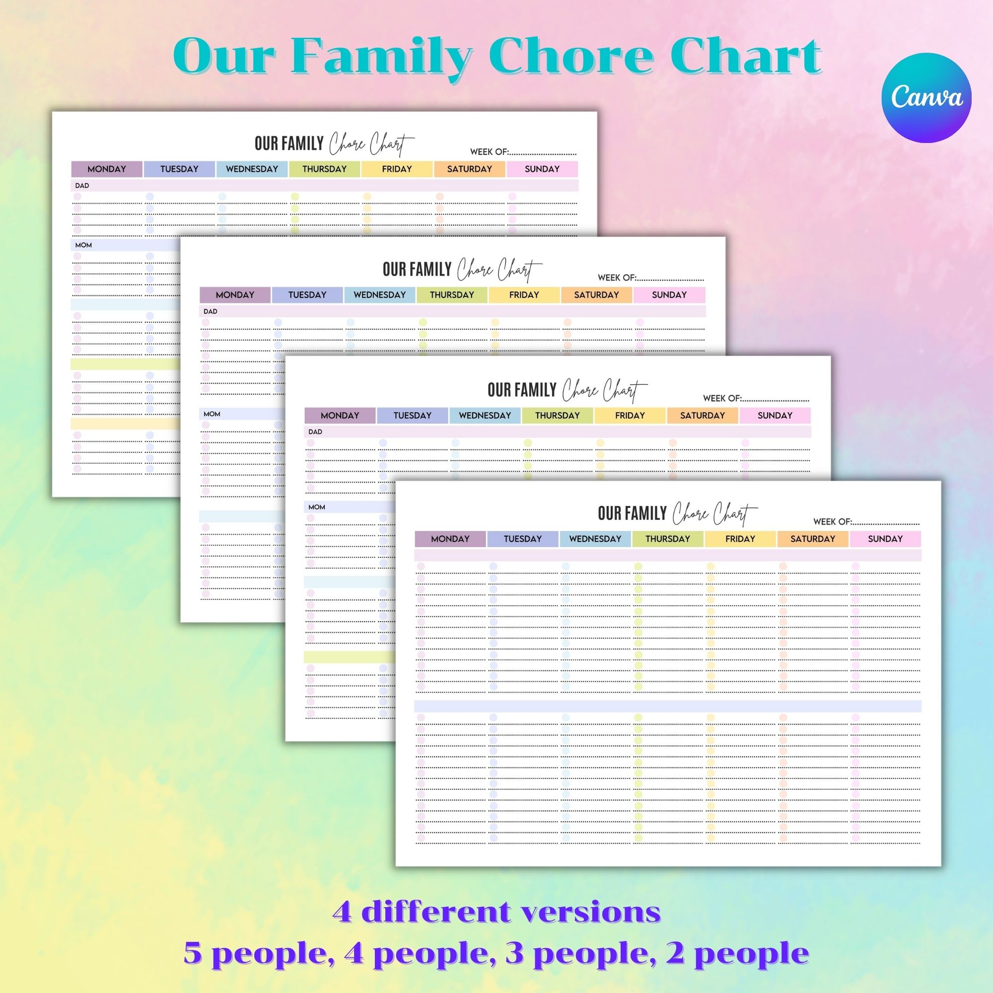 Set of three family chore chart on a colorful background.