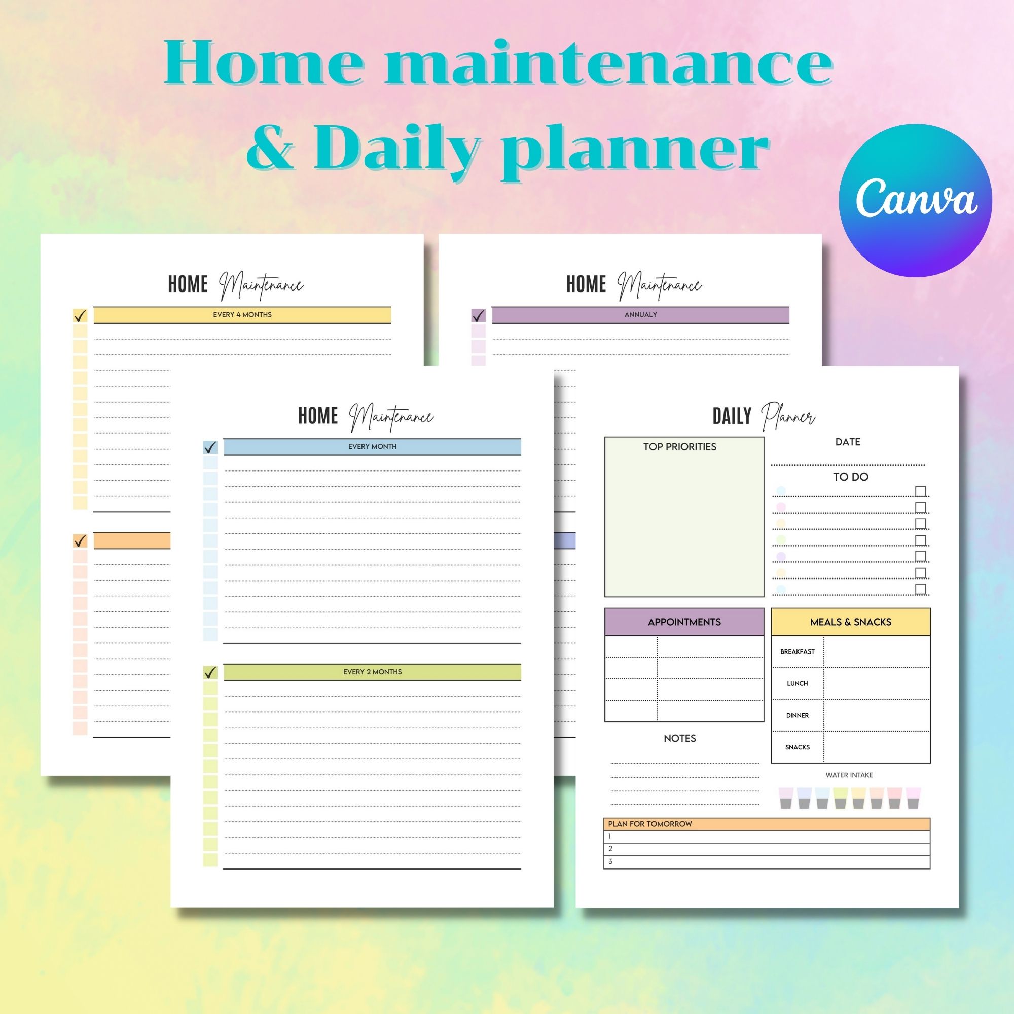 Three daily planner pages with the words home maintenance and daily planner.
