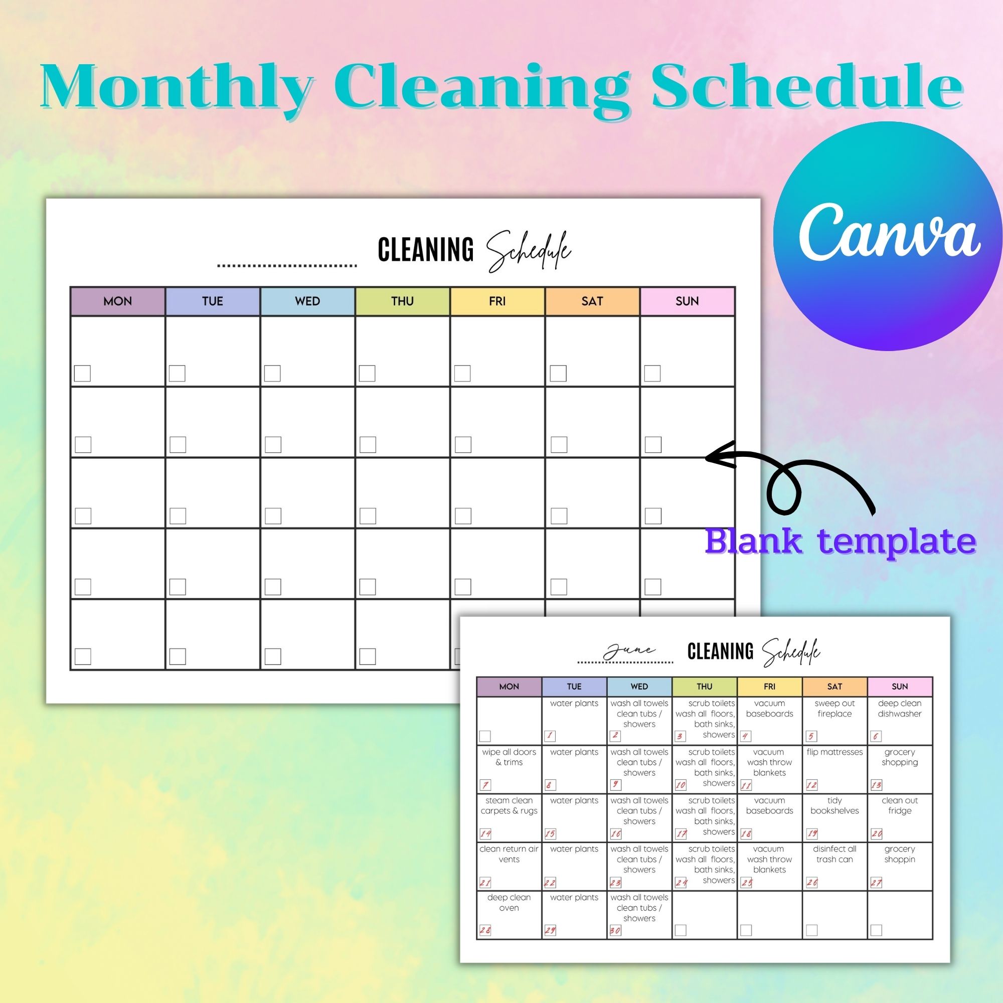 Printable cleaning schedule and a cleaning schedule.