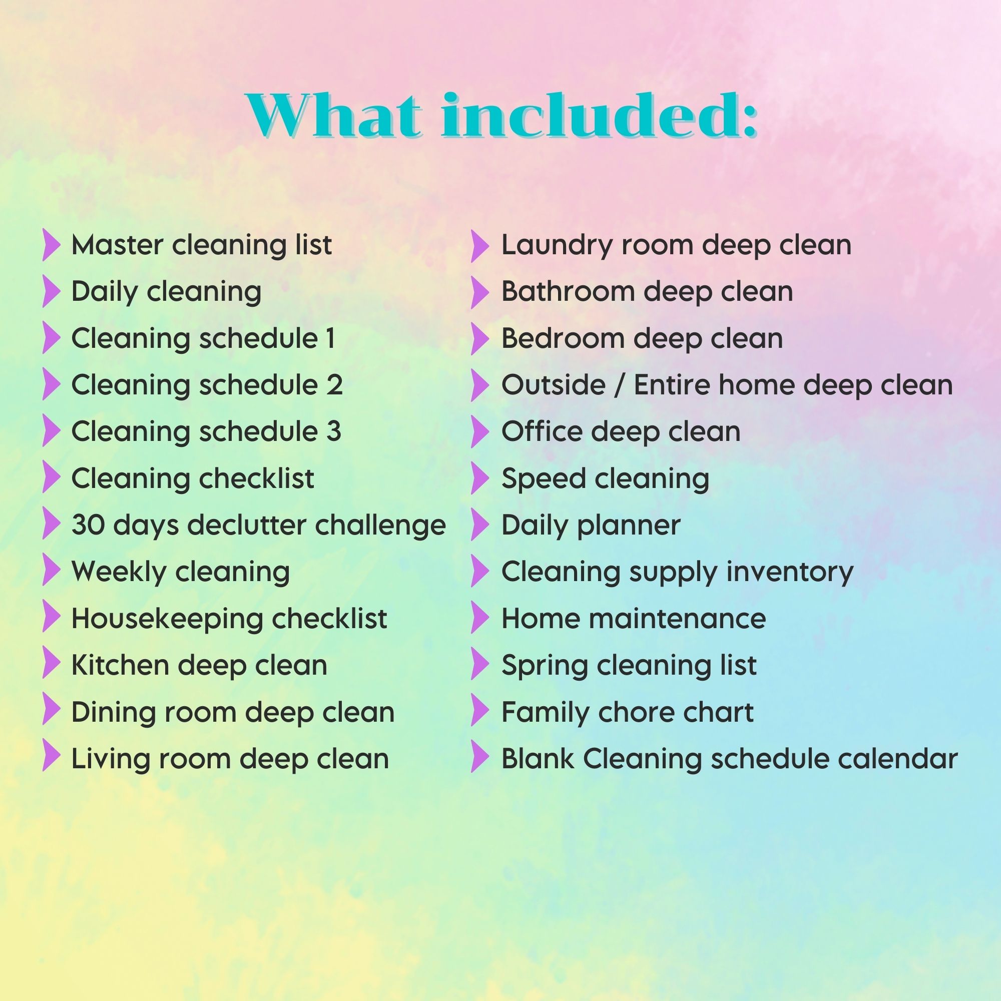 List of cleaning services on a colorful background.