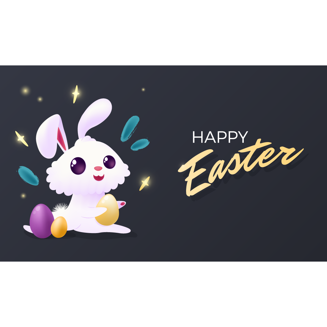 Happy Easter Vector Banner Set Trendy Design with White Bunny, Typography, Eggs, Stars and Flares on Dark Backdrop preview image.