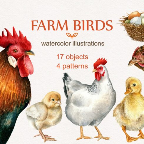 Farm birds.Watercolor set cover image.