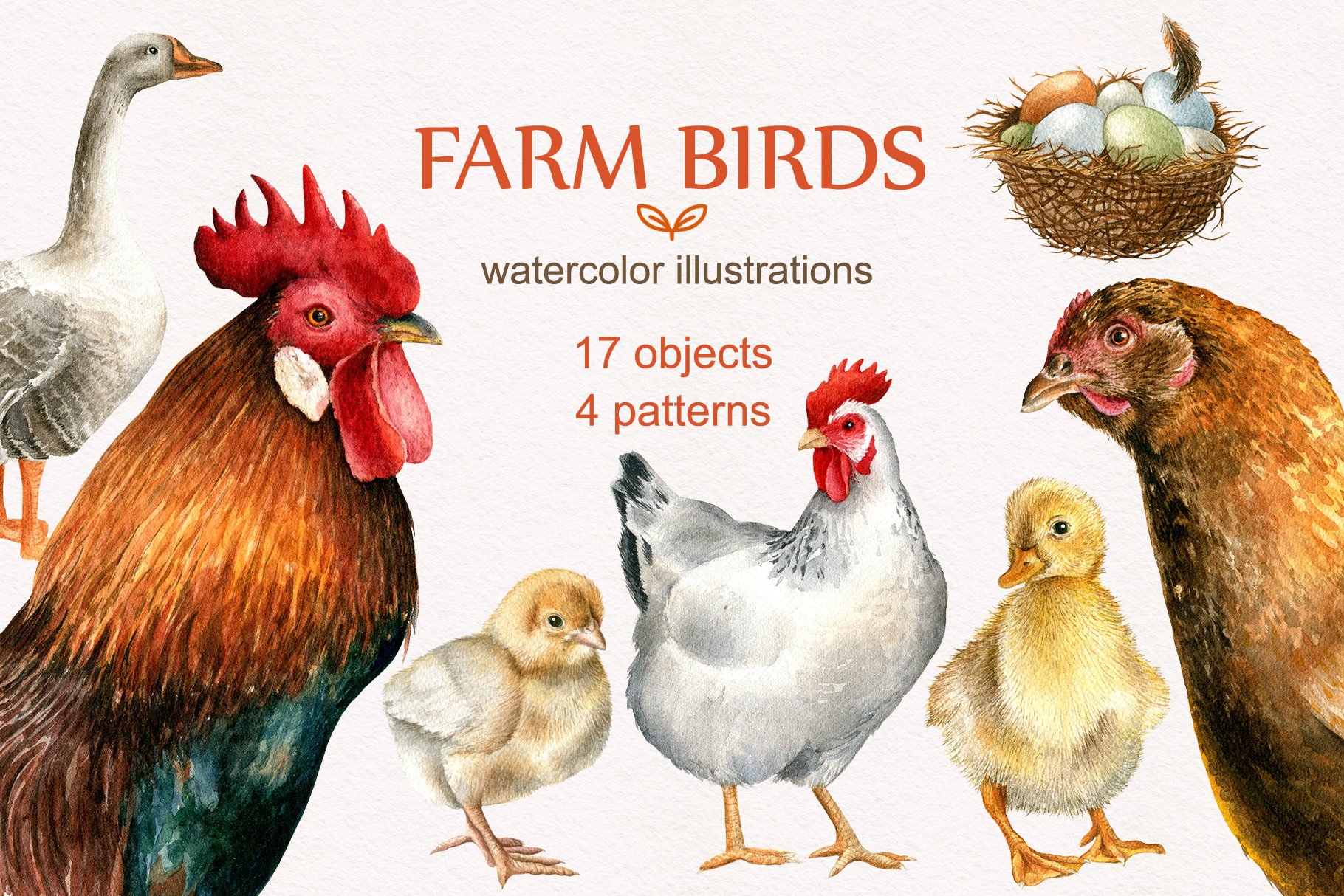 Farm birds.Watercolor set cover image.
