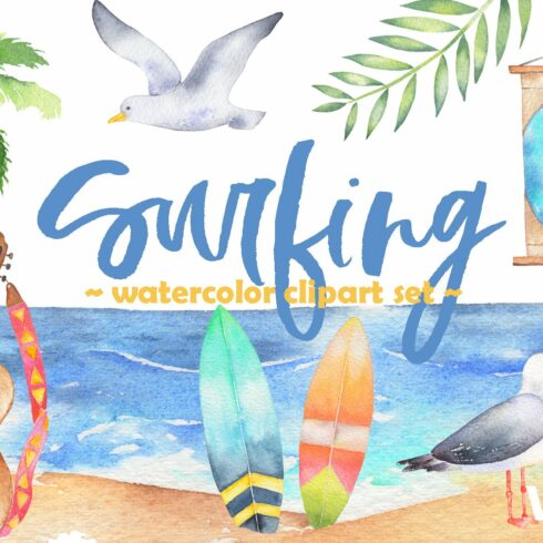 Surfing watercolor clipart set cover image.