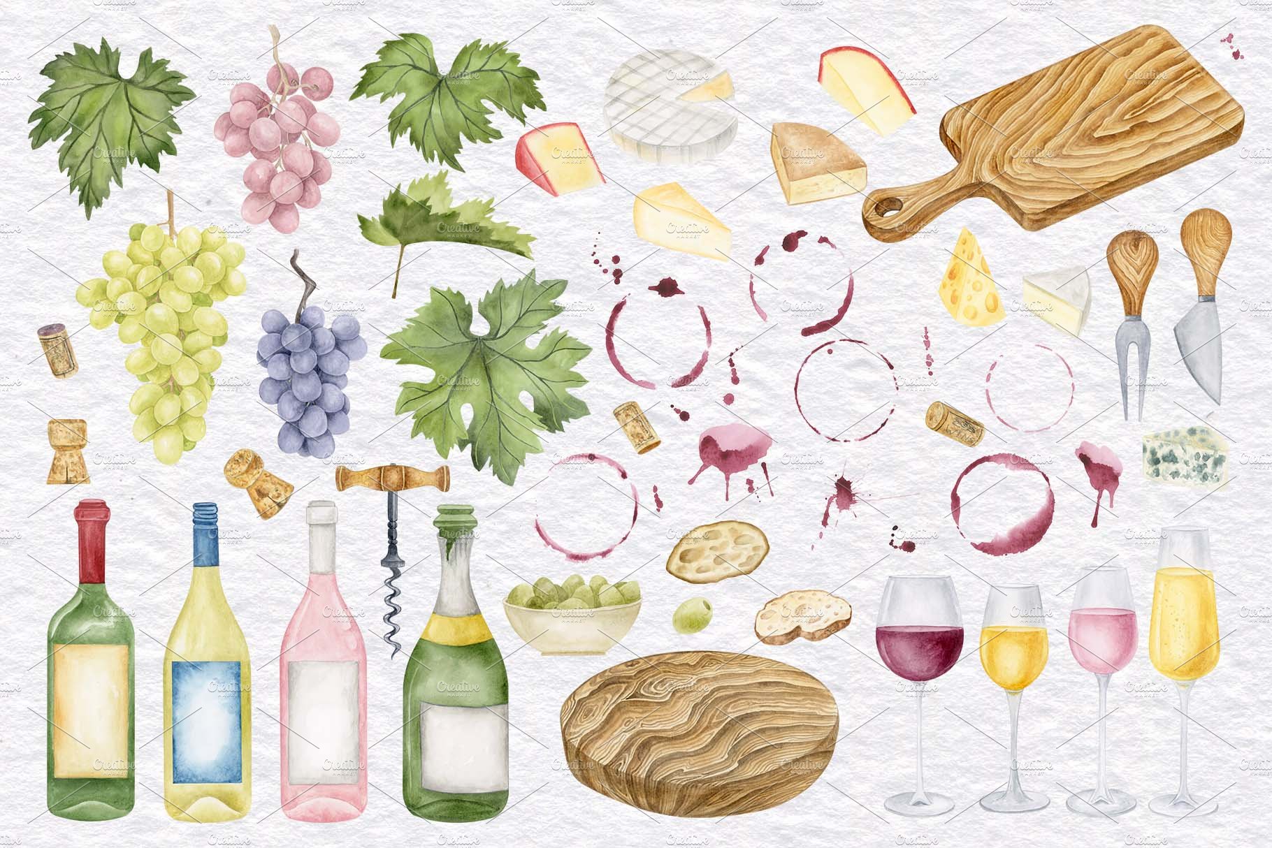 Watercolor Wine and Cheese set preview image.