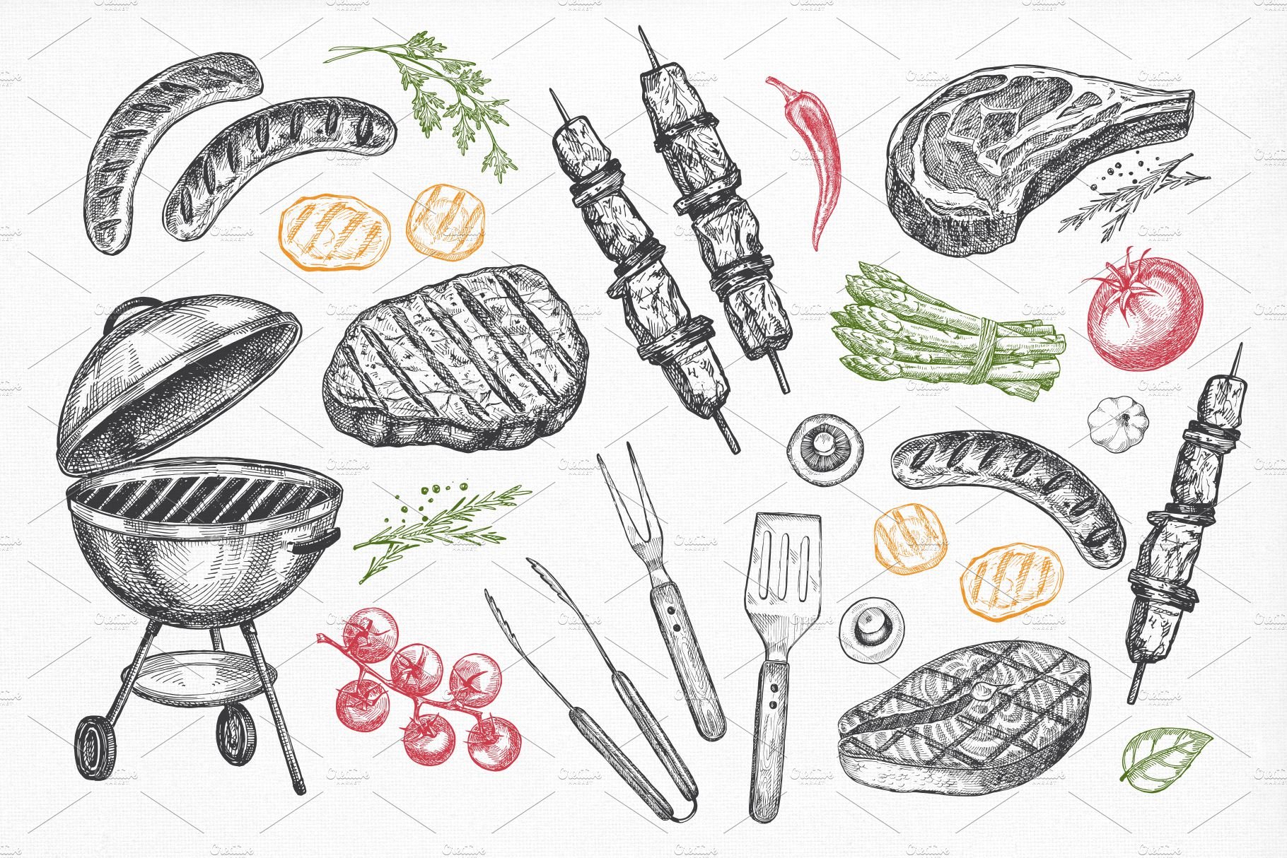 BBQ Grill Sketch Set. preview image.