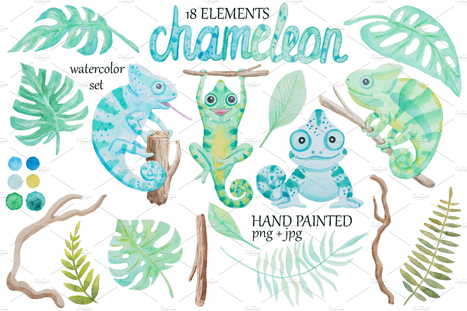 Chameleon and leaves watercolor set preview image.