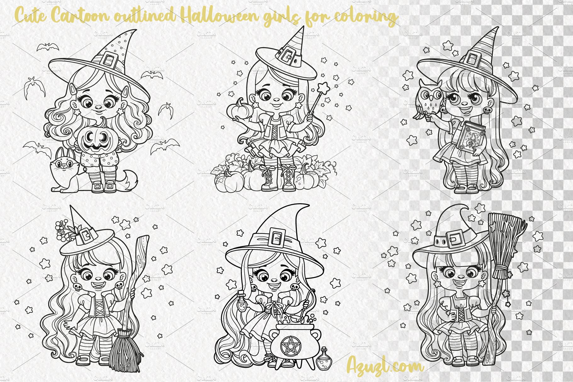 Cute cartoon Halloween witch girls preview image.
