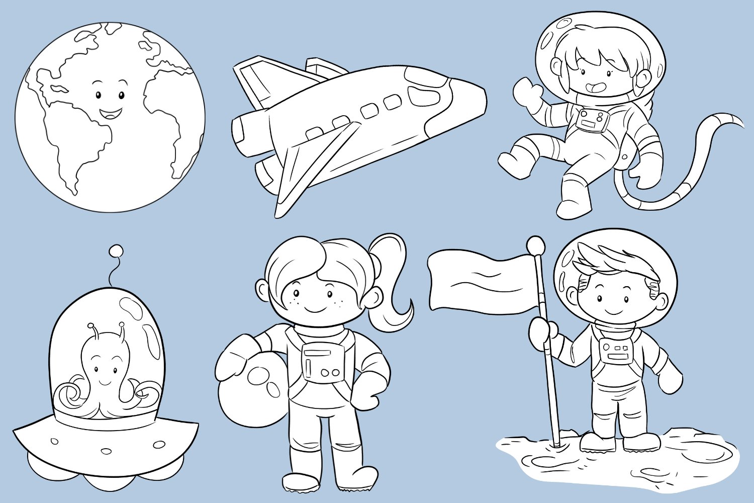 Cute Space Kids Digital Stamps preview image.
