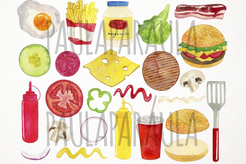 Watercolor Burger Clipart, Bbq preview image.