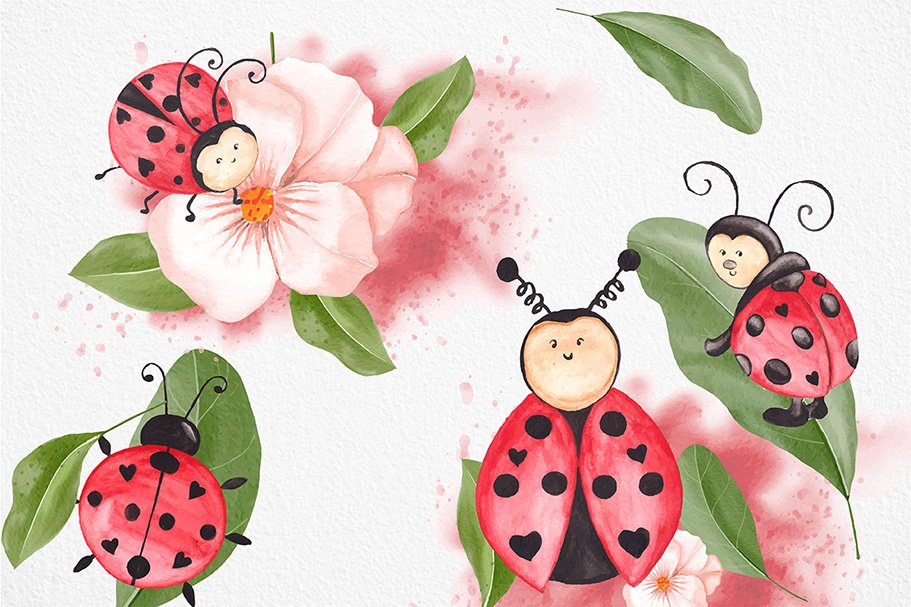 Watercolor Ladybug clipart set preview image.