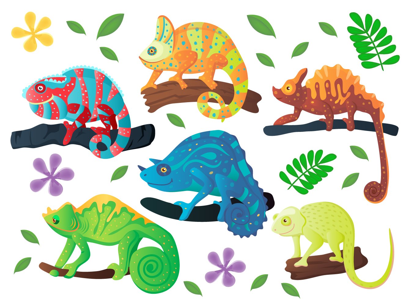 Chameleon iguana cartoon vector set preview image.