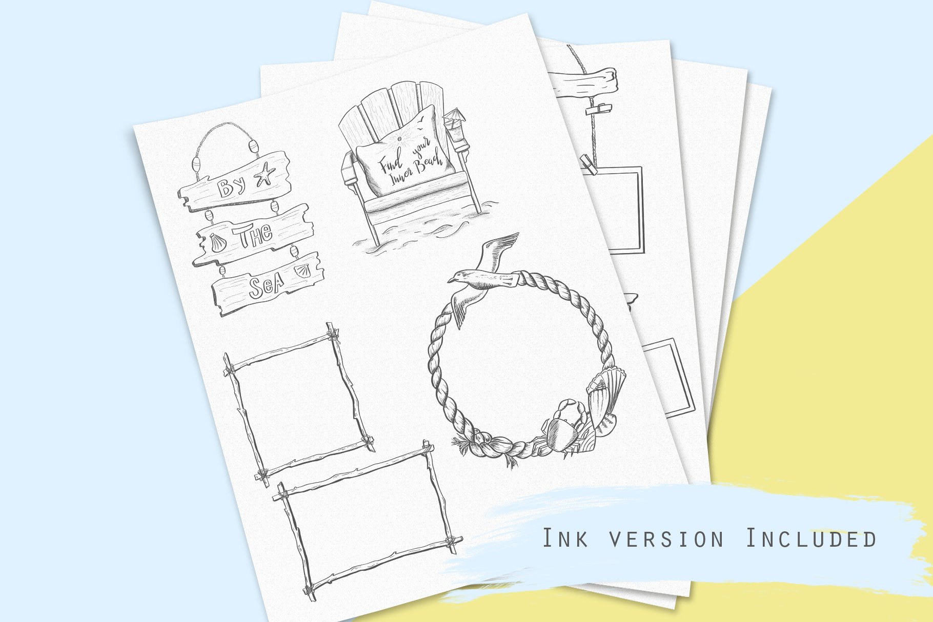 Beach themed illustrations & frames preview image.