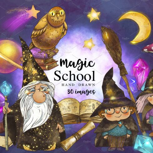 Magic school. Wizard witch clipart cover image.