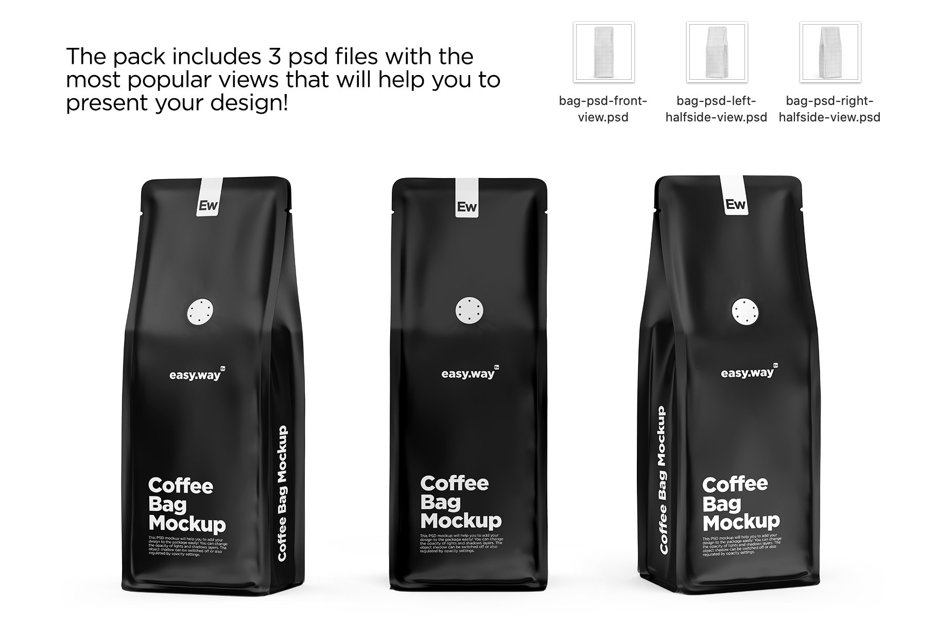 Coffee Bags with Valve PSD Mockups preview image.