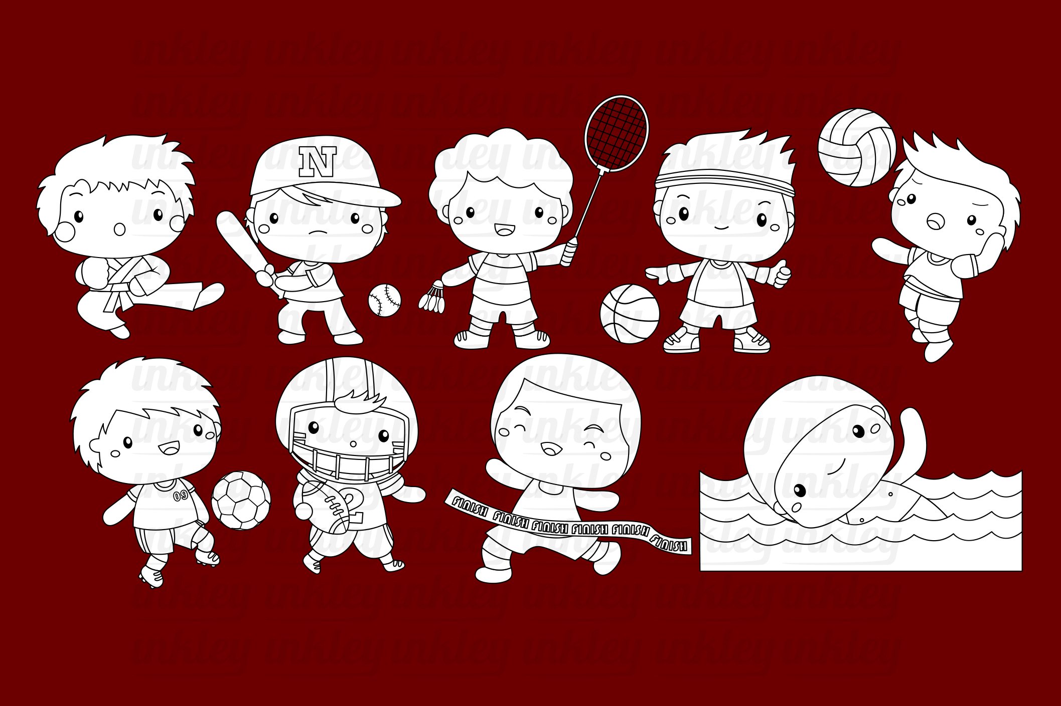 Sport and Boys Clipart Coloring preview image.