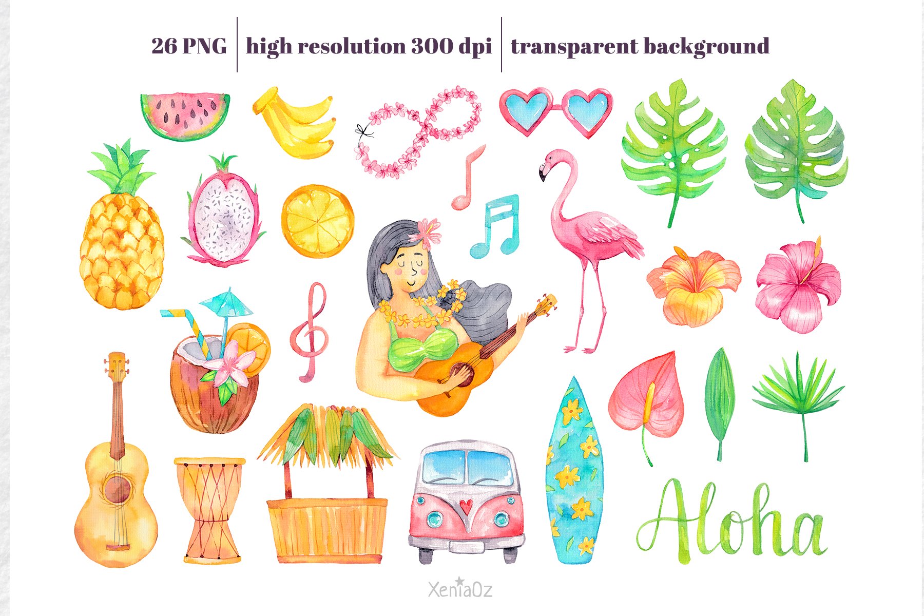 Watercolor Tropical Hawaii Clipart preview image.
