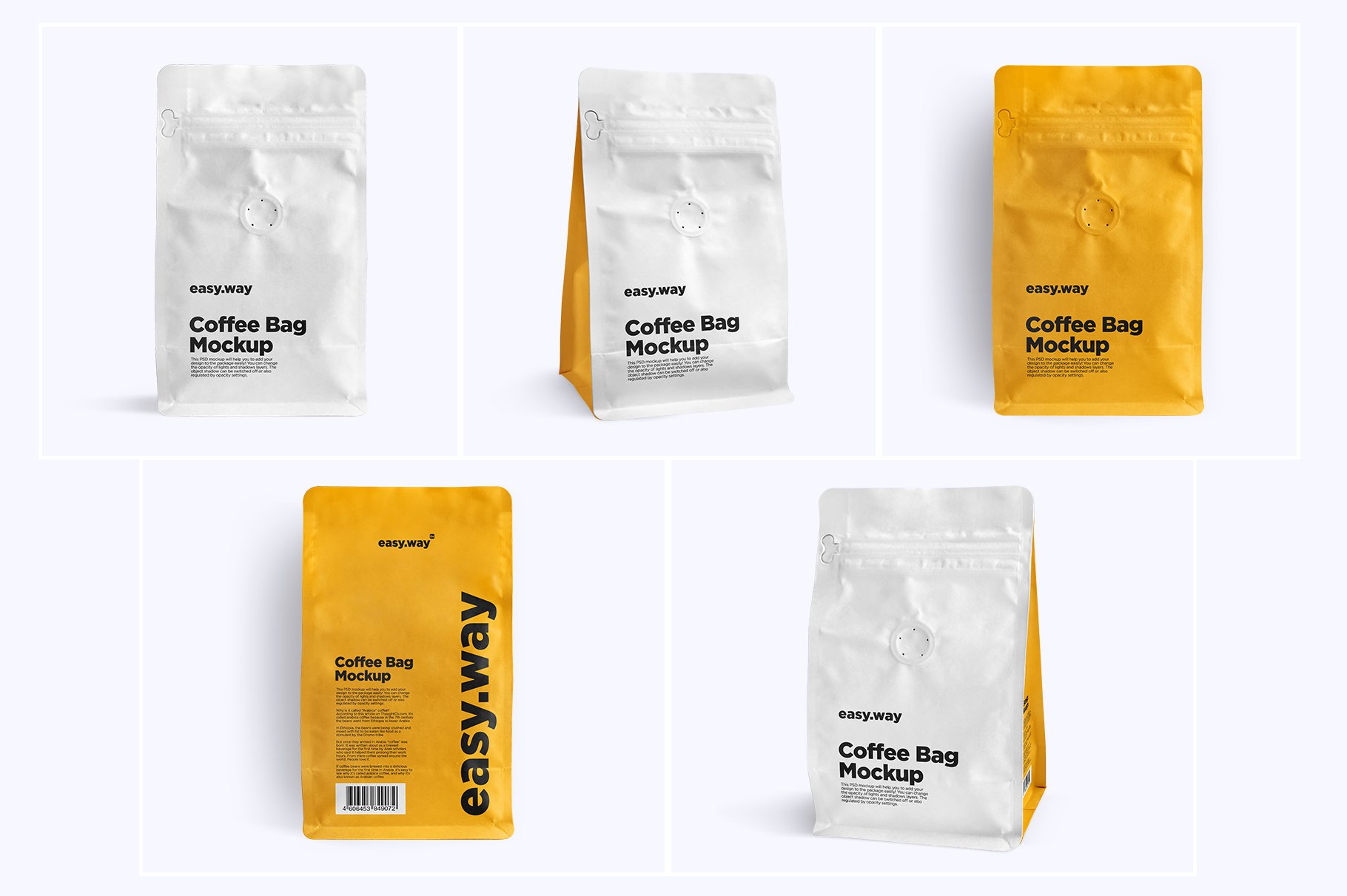 Paper Coffee Bag PSD Mockups Set preview image.