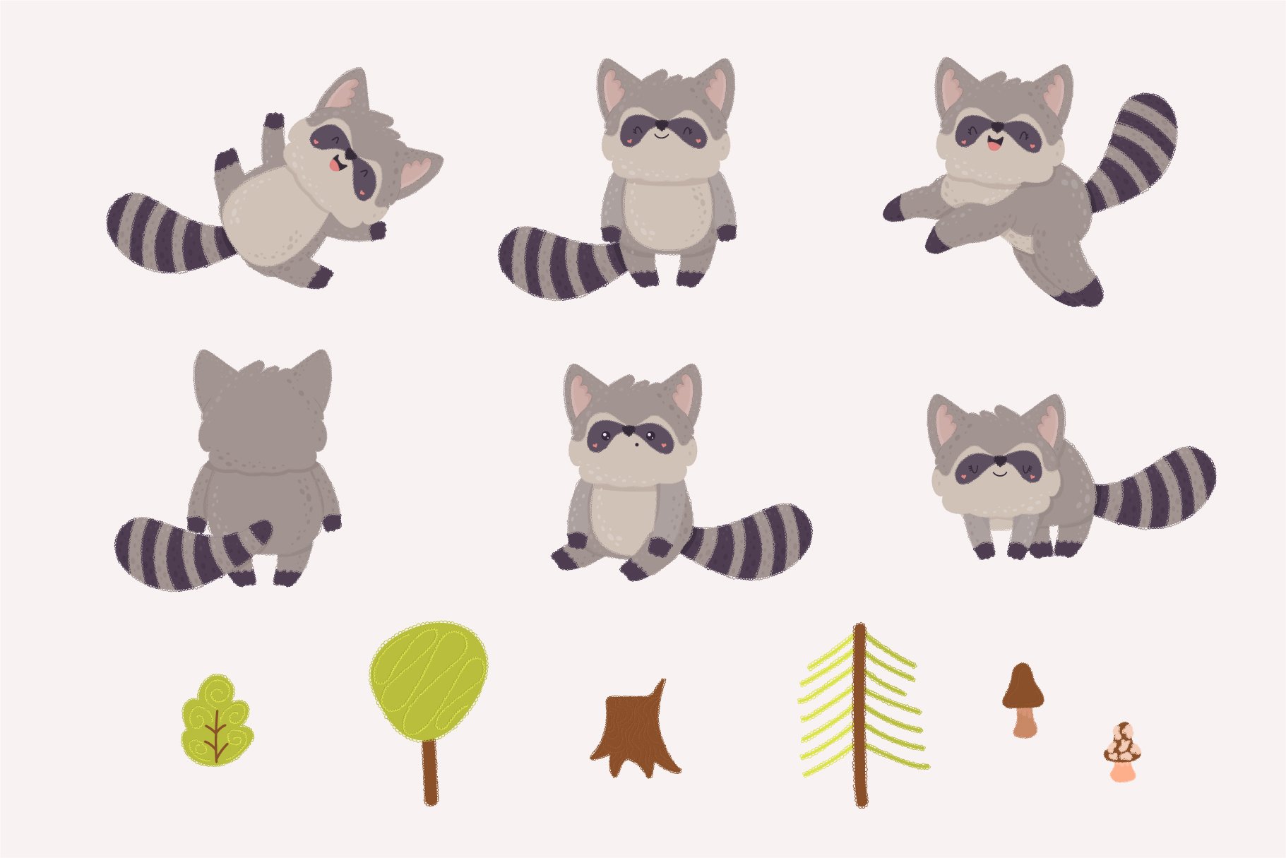 Cute cartoon raccoons set. preview image.
