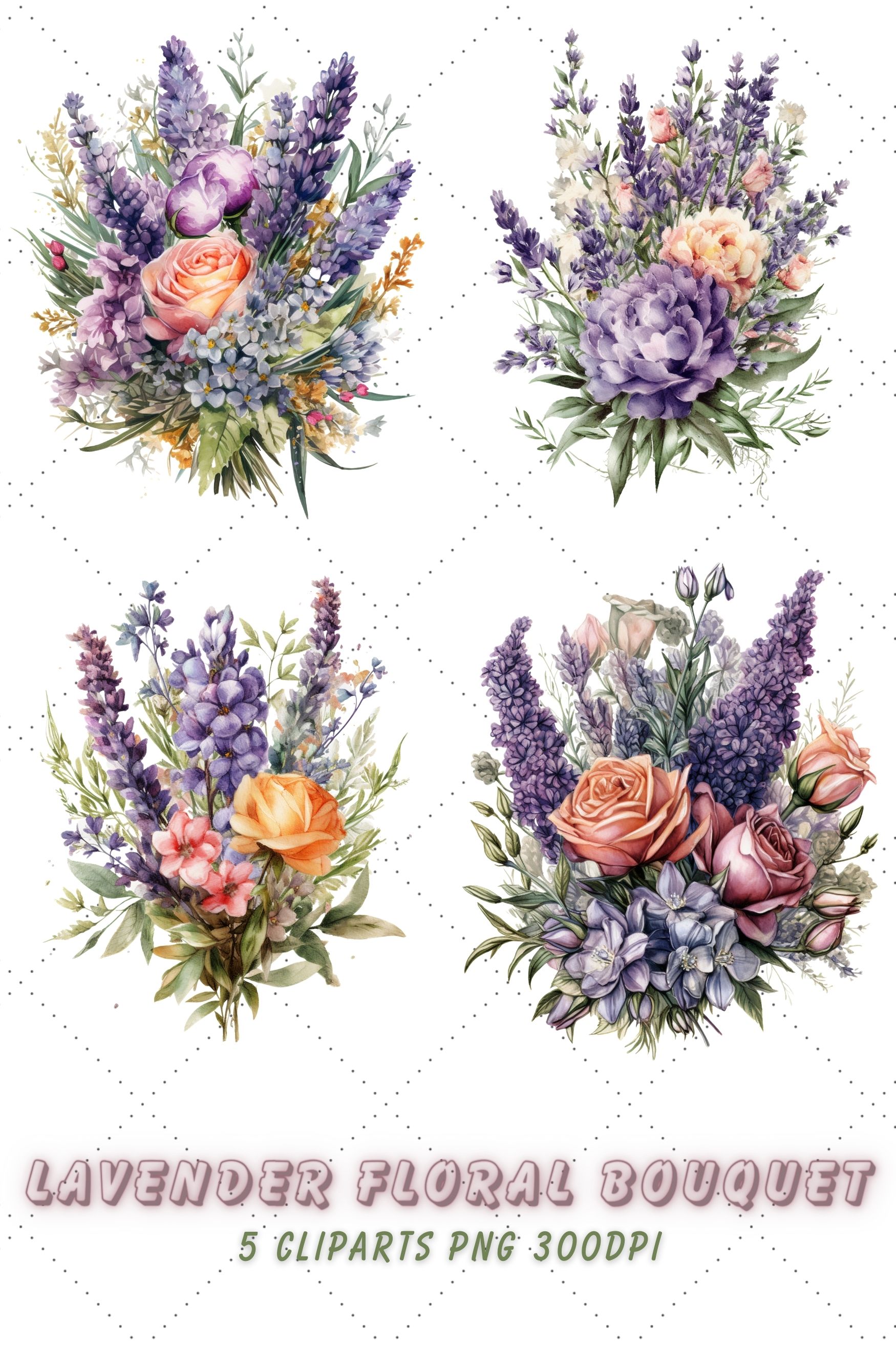 Retro Watercolor Lavender Floral Bouquet Clipart Bundle pinterest preview image.