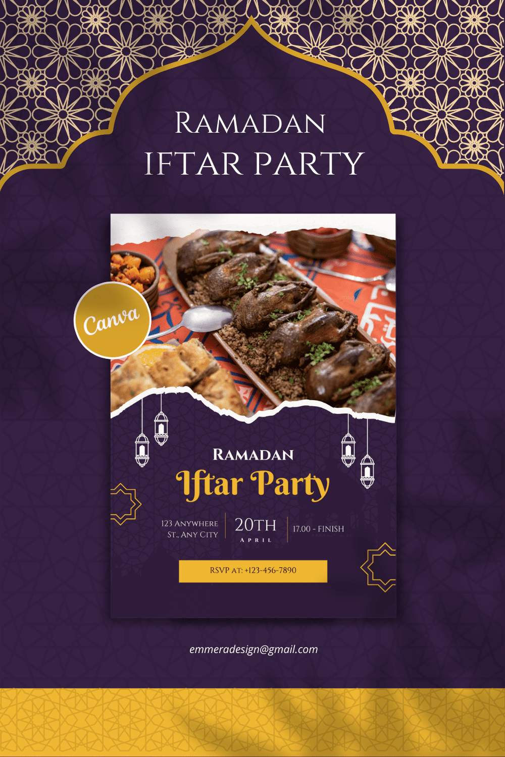 [Design 2] Purple Gold Elegant Ramadan Iftar Party Flyer Canva Template pinterest preview image.