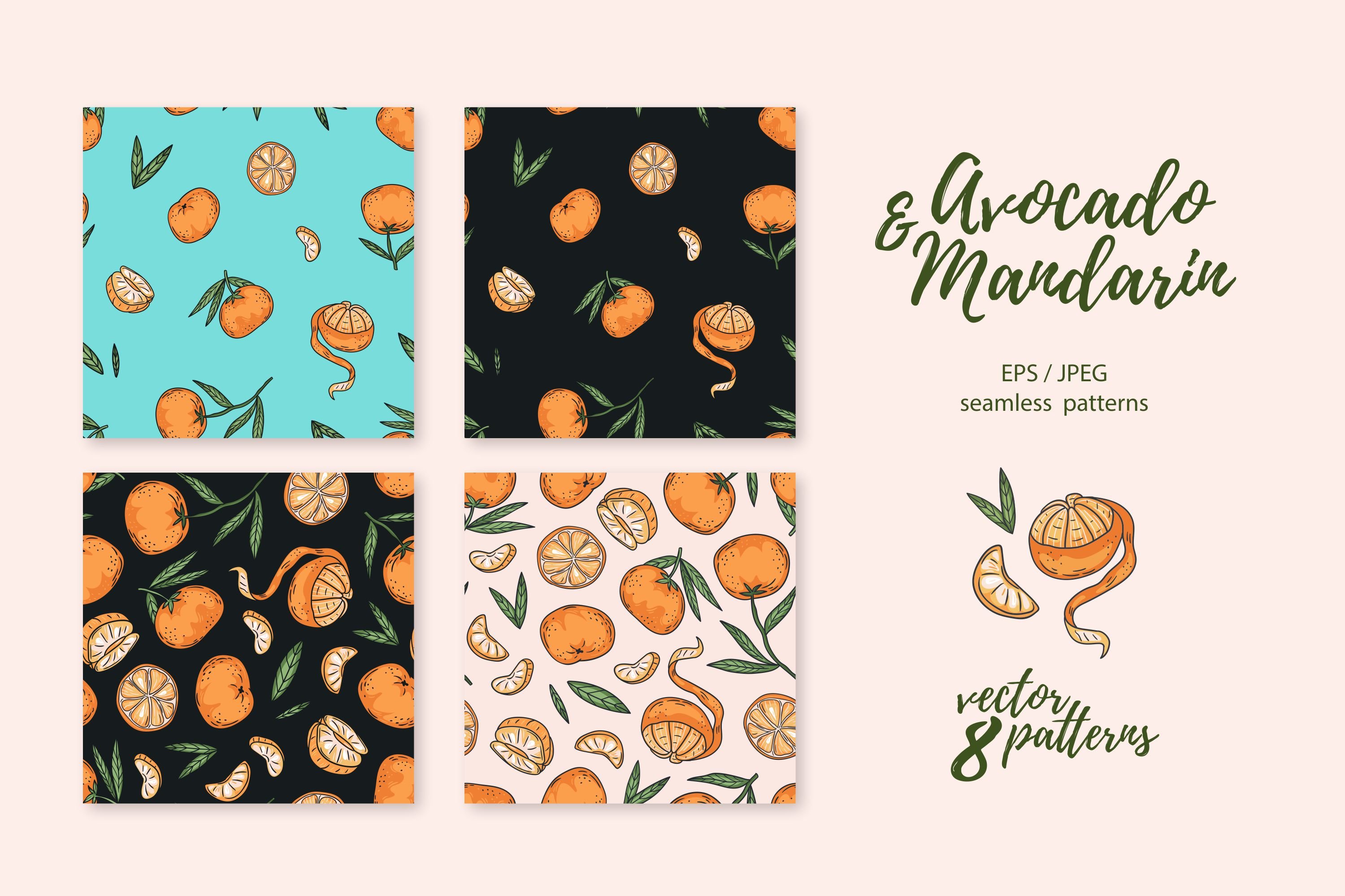 Avocado & Mandarin seamless patterns preview image.