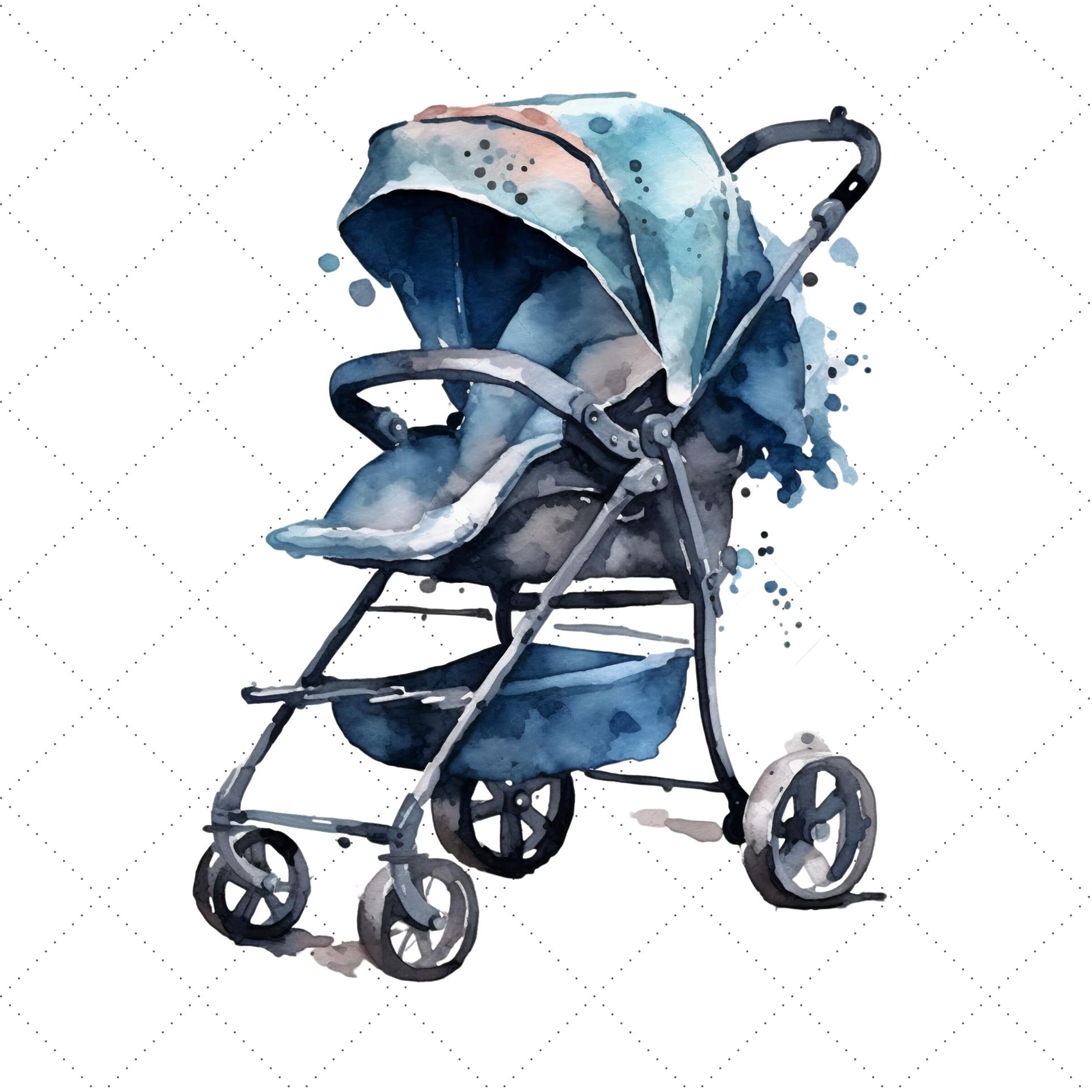 Baby Stroller Watercolor Clipart Bundle, Transparent PNG preview image.