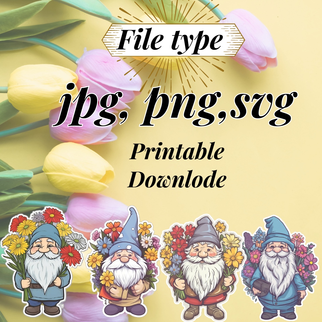 "Springtime Delight: An Illustrated Gnome Holding a Bouquet Sticker" preview image.