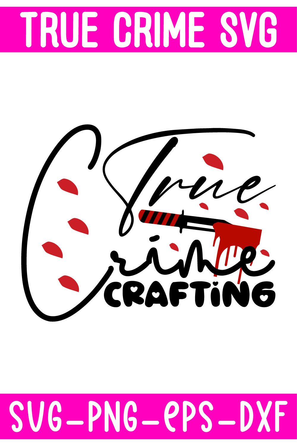 Pink and white sign that says true crime crafting.