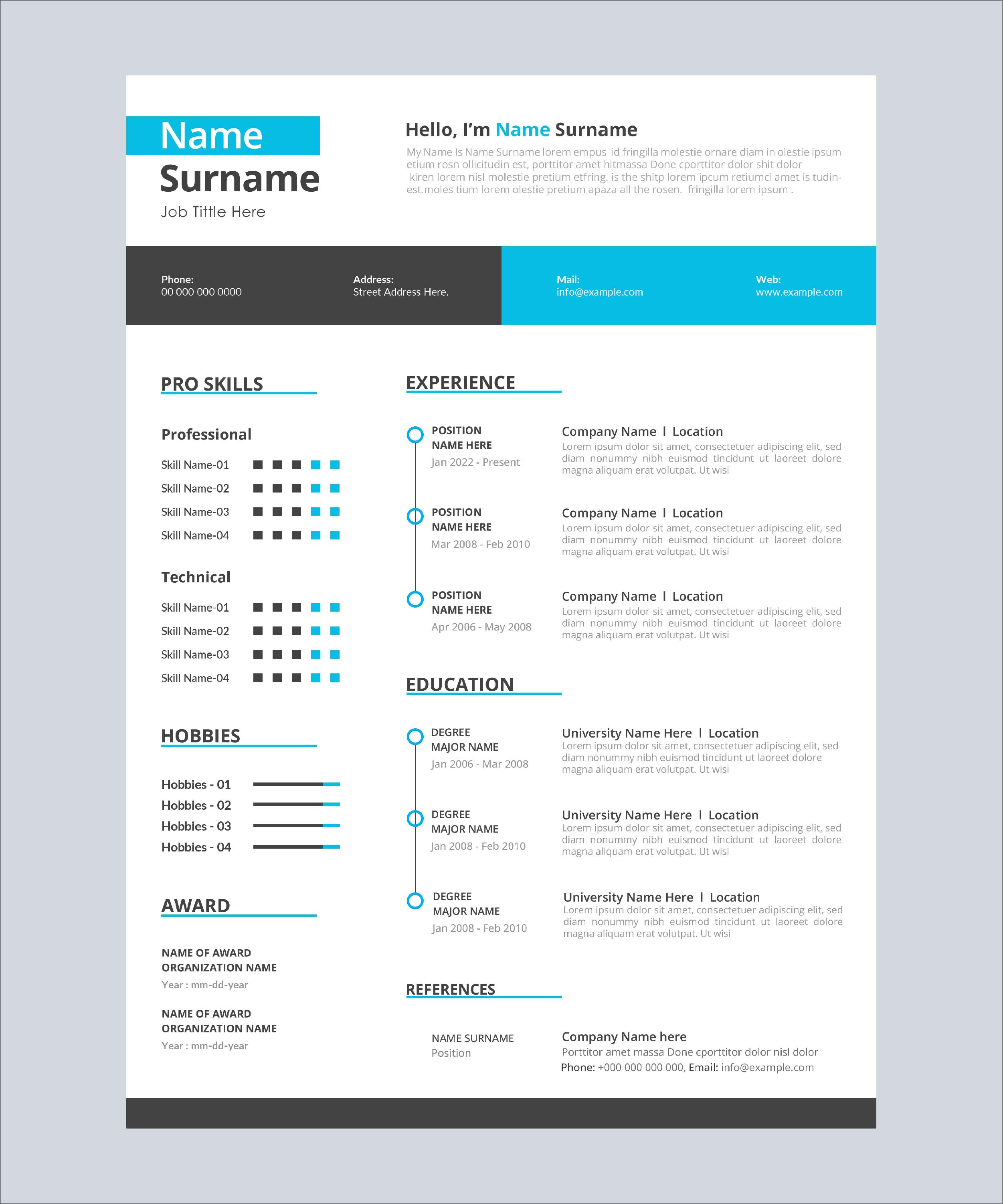 Clean and professional resume with blue accents.