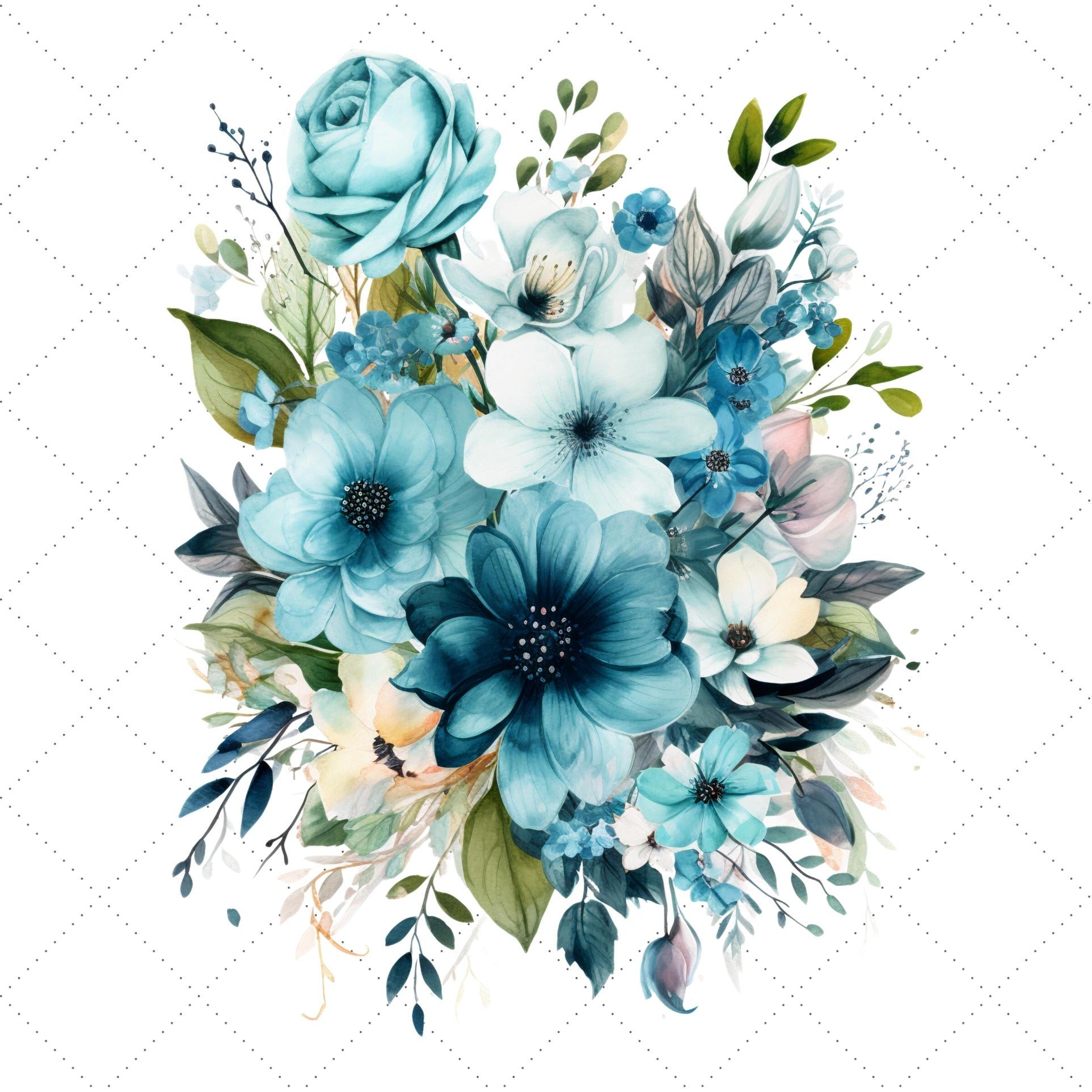 Watercolor Blue Floral Bouquet Clipart Bundle, Blue Floral, Floral Bouquet, Watercolor Blue preview image.