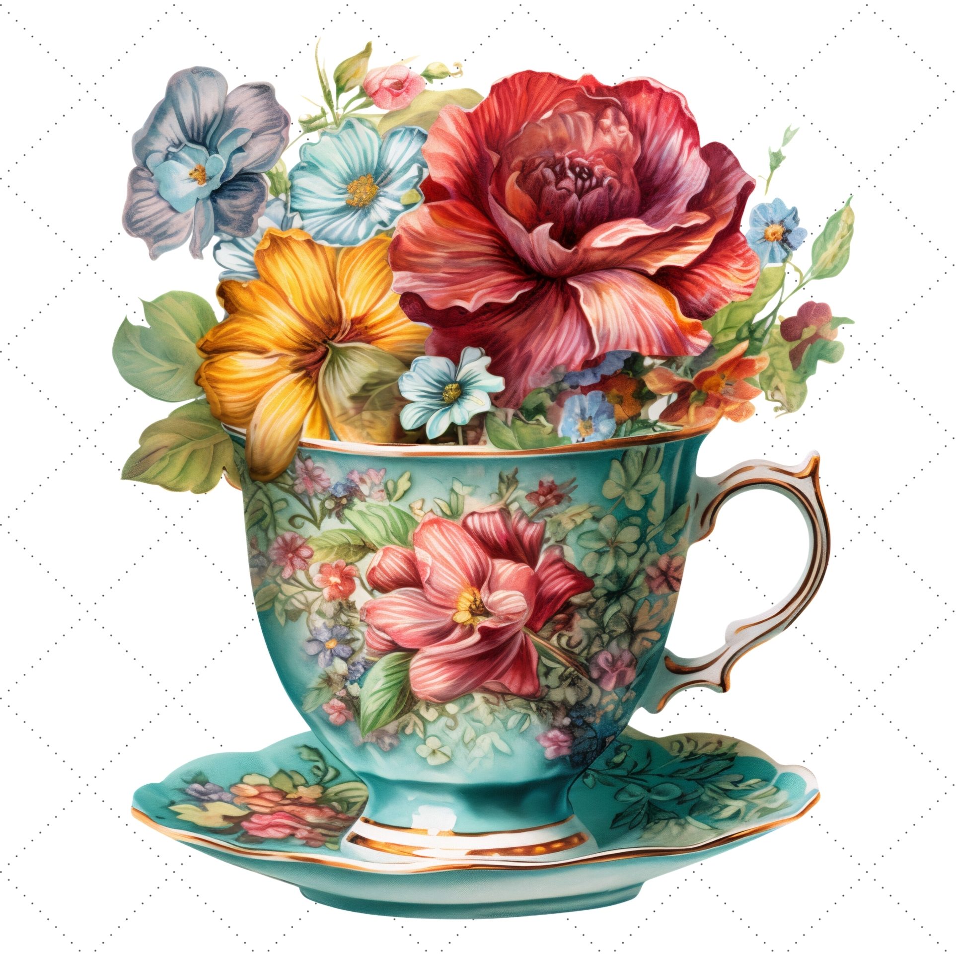 Vintage Blue Flowers Tea Cup and Pot Clipart Bundle