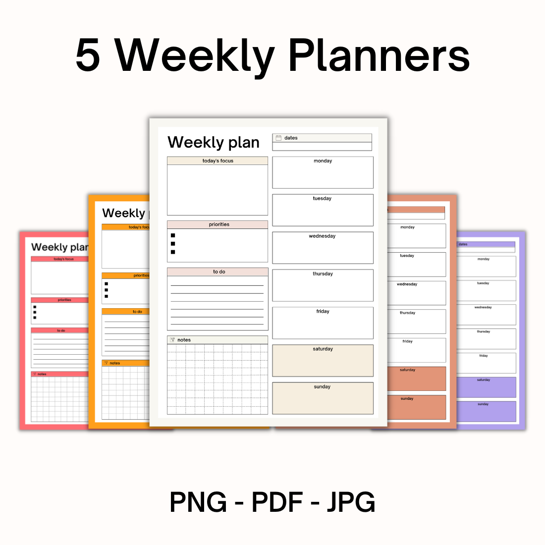 5 Modern Printable Weekly Planners preview image.