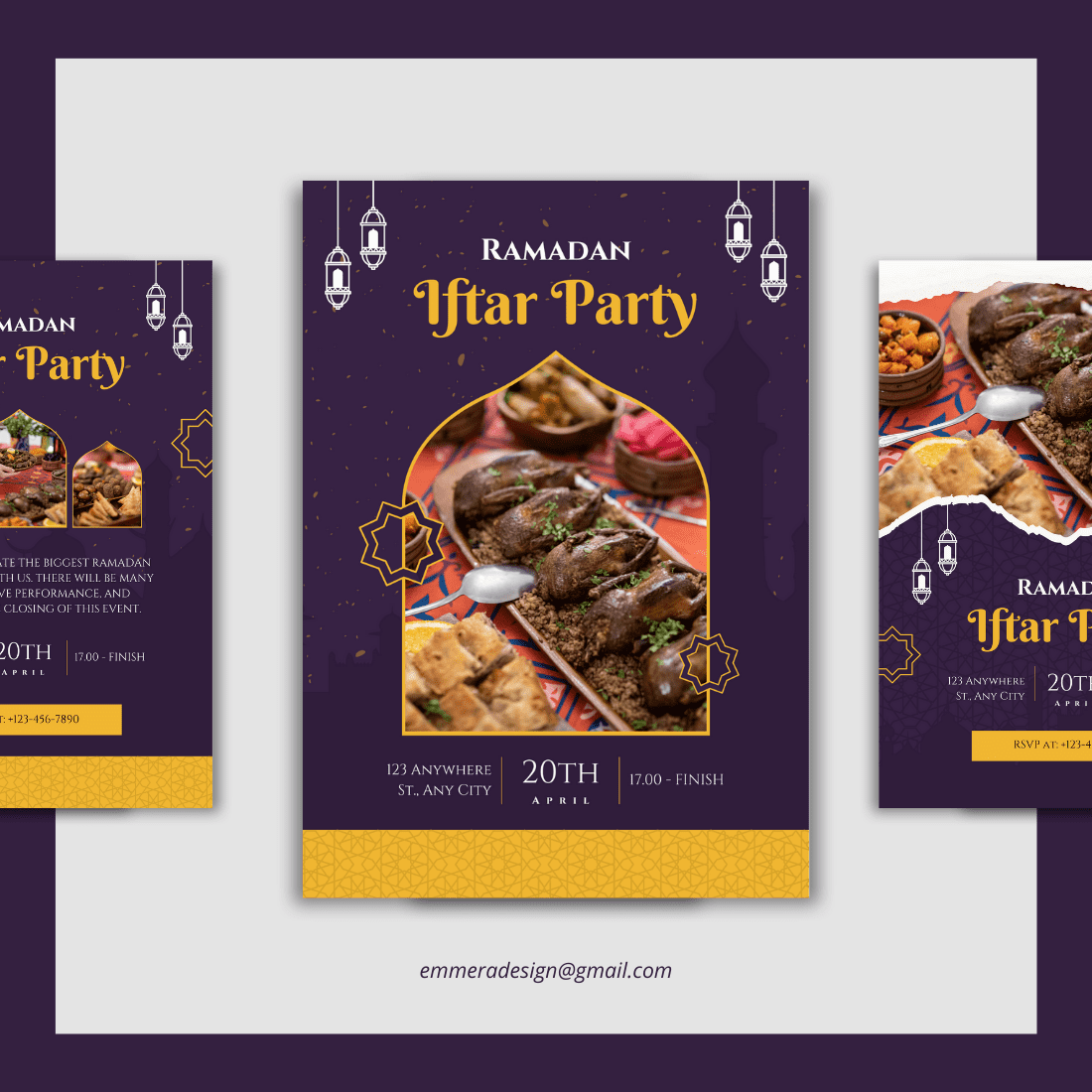 [Bundle 3 Designs] Purple Gold Elegant Ramadan Iftar Party Flyer Canva Template preview image.