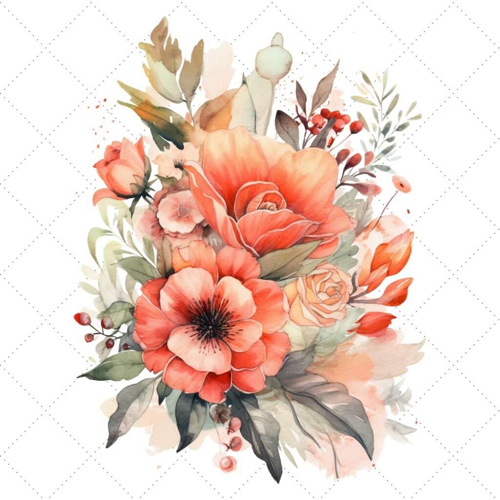 Coral Floral Bouquet Watercolor Clipart Bundle, Sublimation, Coral ...