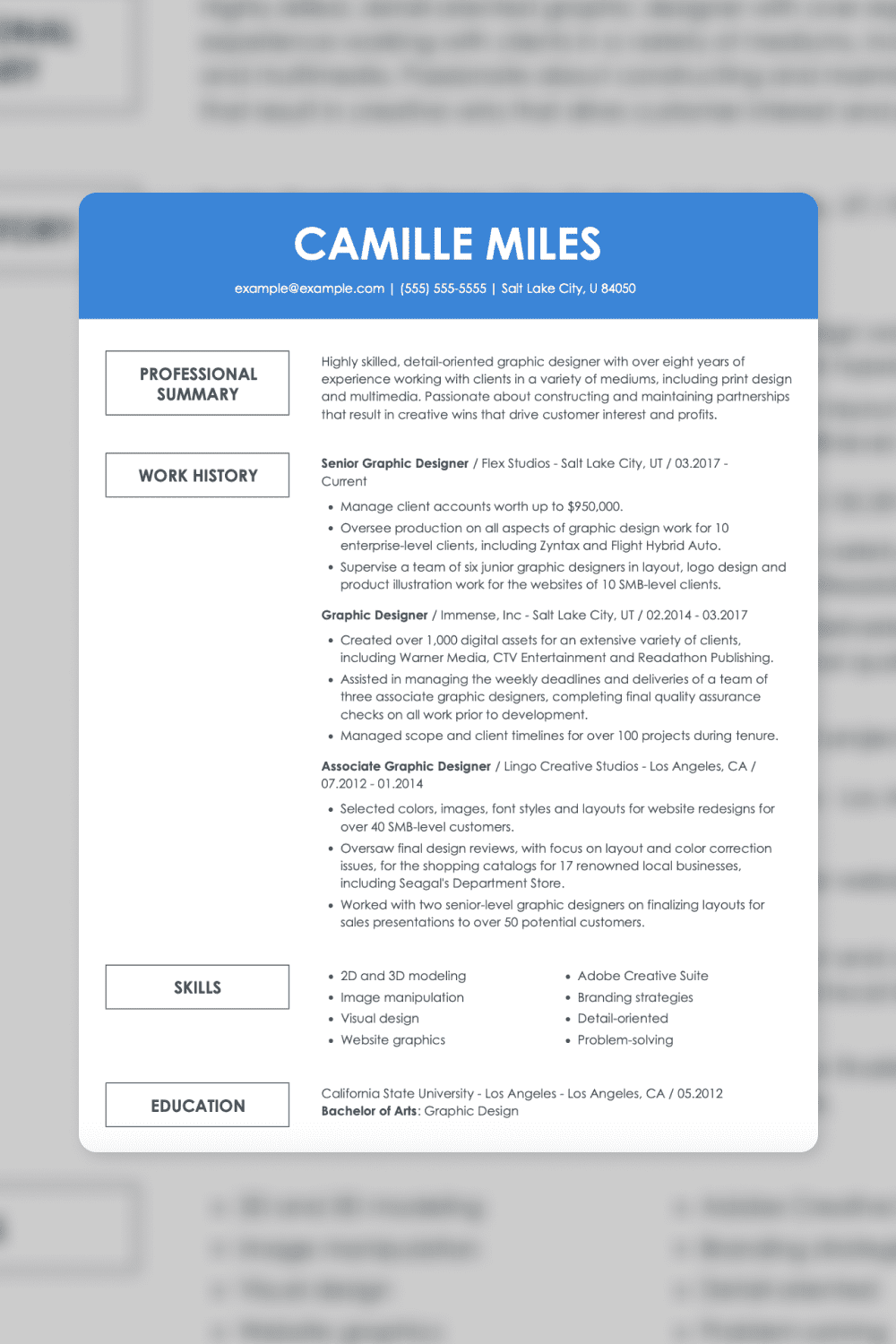 Resume image with blue header and two columns.