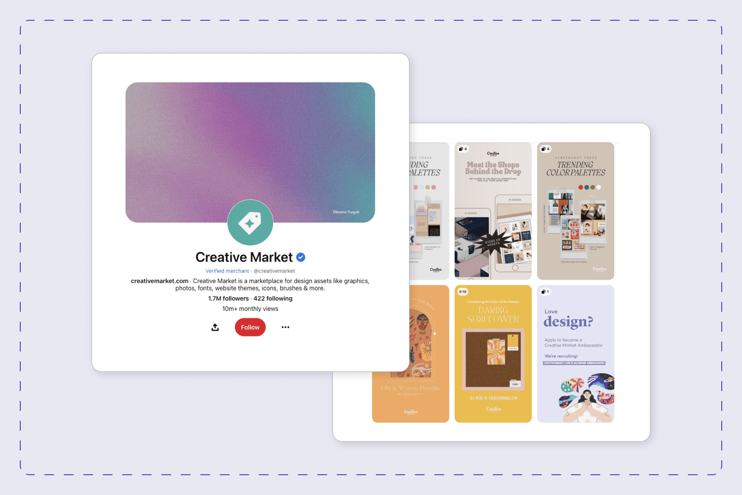 Collage of Creative Market account pages on Pinterest.