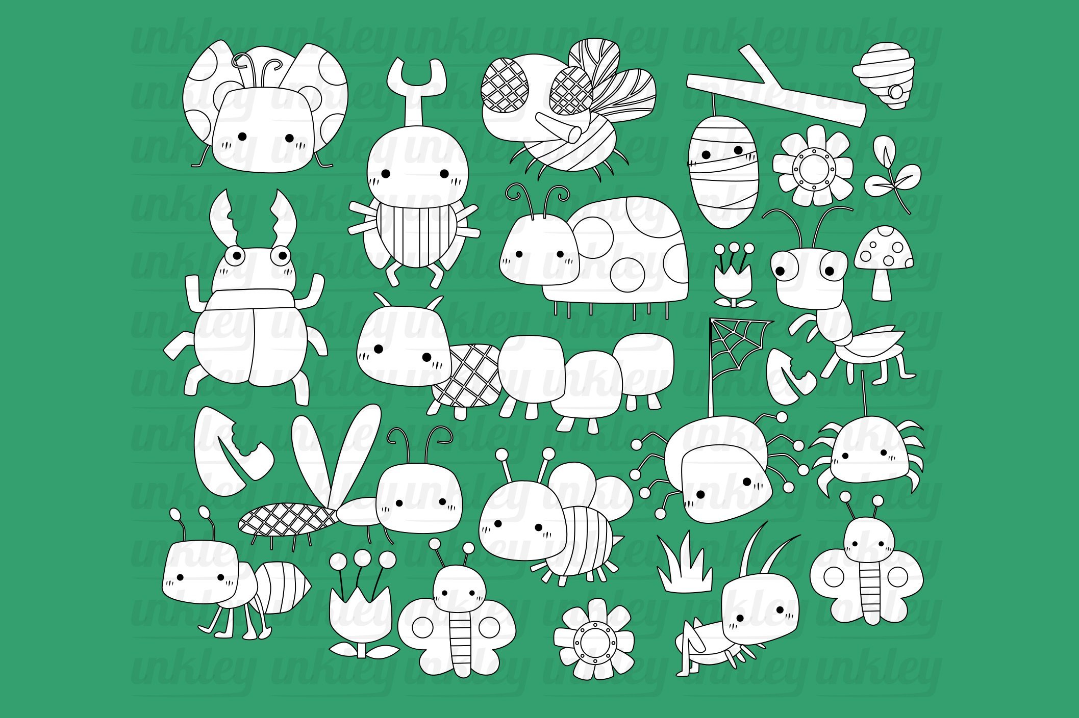 Black and White Cute Bugs Clipart preview image.