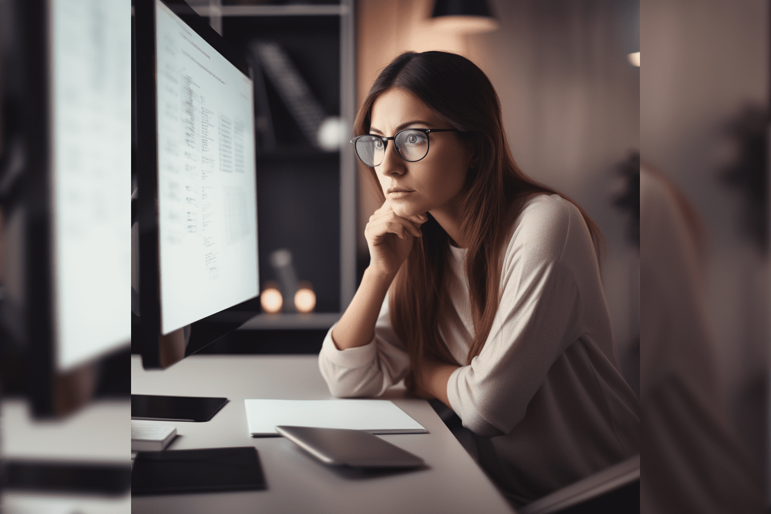 Girl in glasses at the desktop looks at the monitor screen.