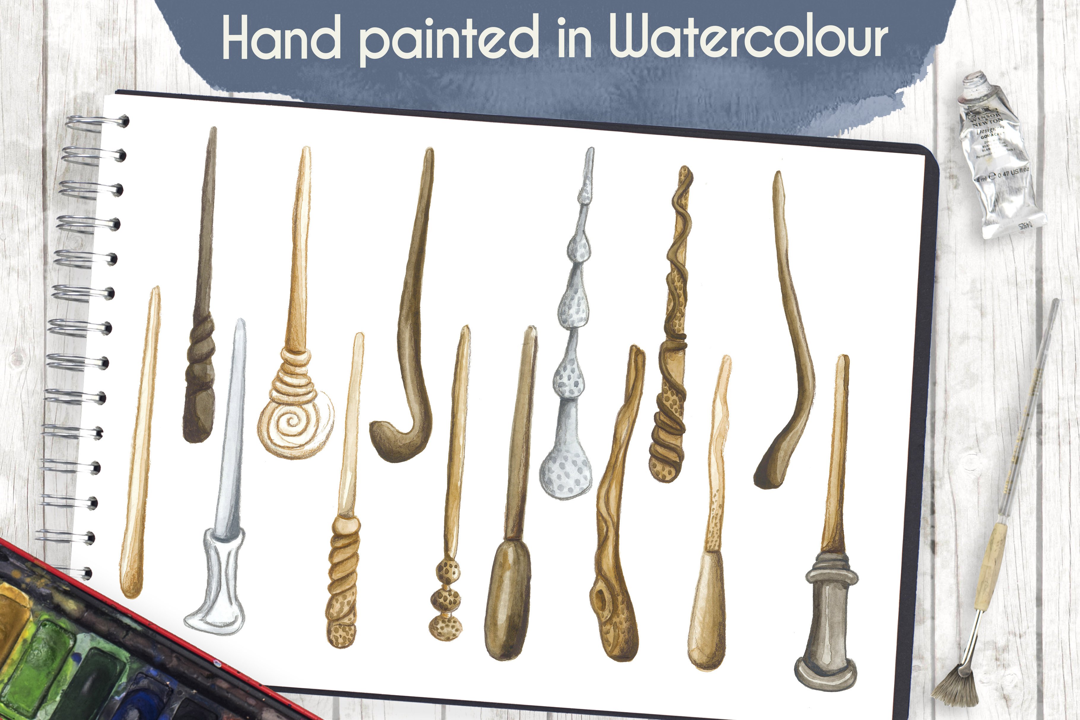 Watercolour Wooden Magic Wands preview image.