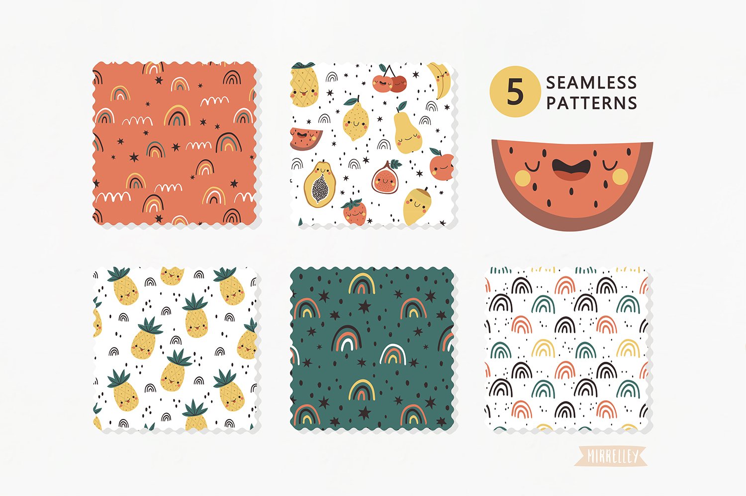 Cute Fruits & Rainbows patterns set preview image.