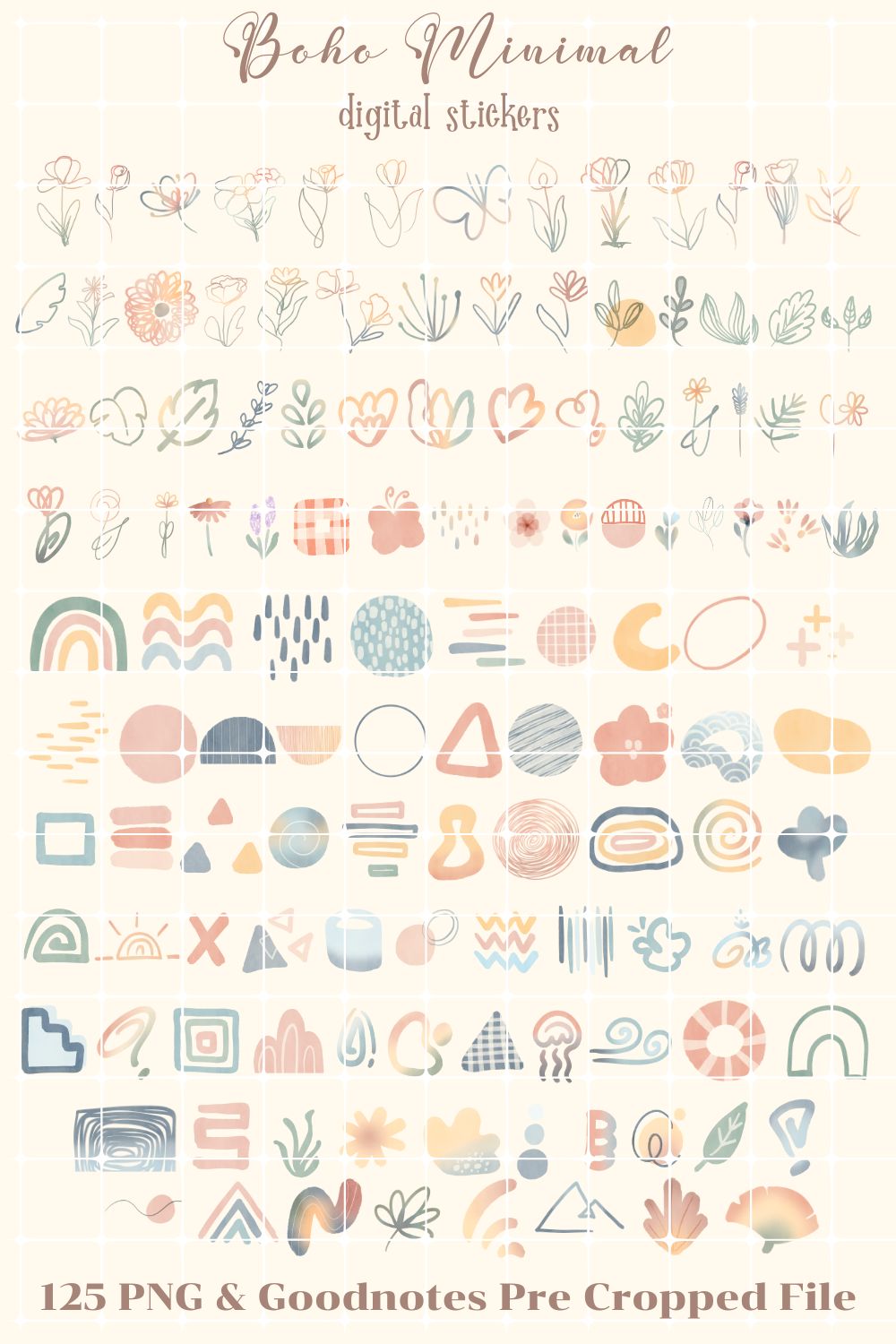 125 Boho Minimal Digital Stickers PNG & Goodnotes Pre Cropped File pinterest preview image.