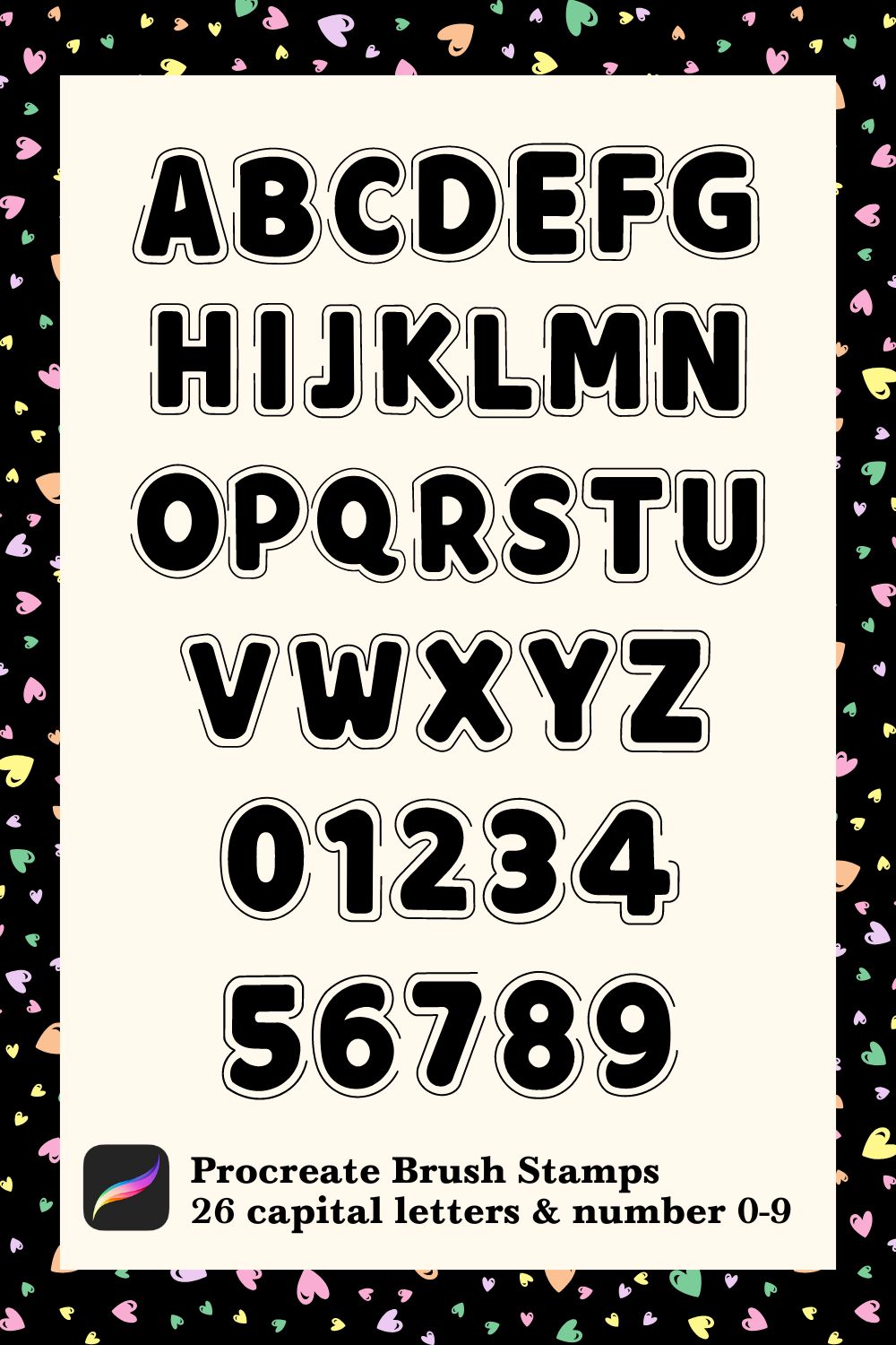 Alphabet & Number Brush Stamp Procreate pinterest preview image.